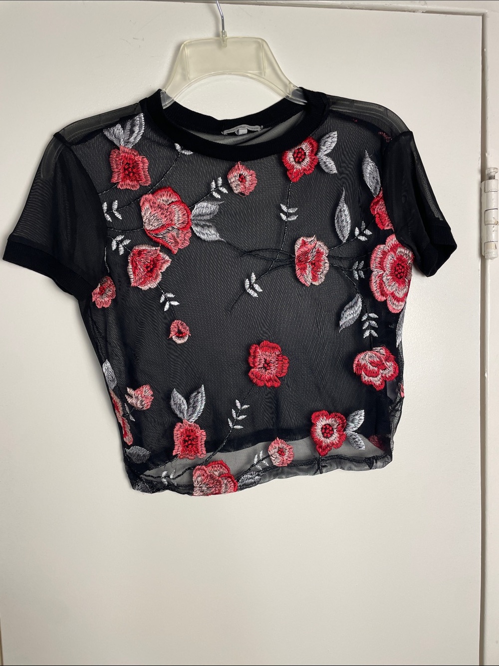 Charlotte Russe Black Sheer Crop Top with Red Floral Embroidery